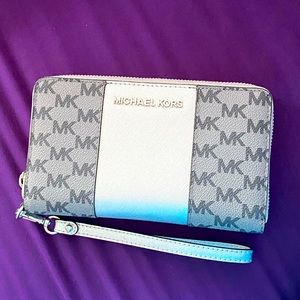 Michael Kors Silver/Gray Wallet With Wristlet Band Attached